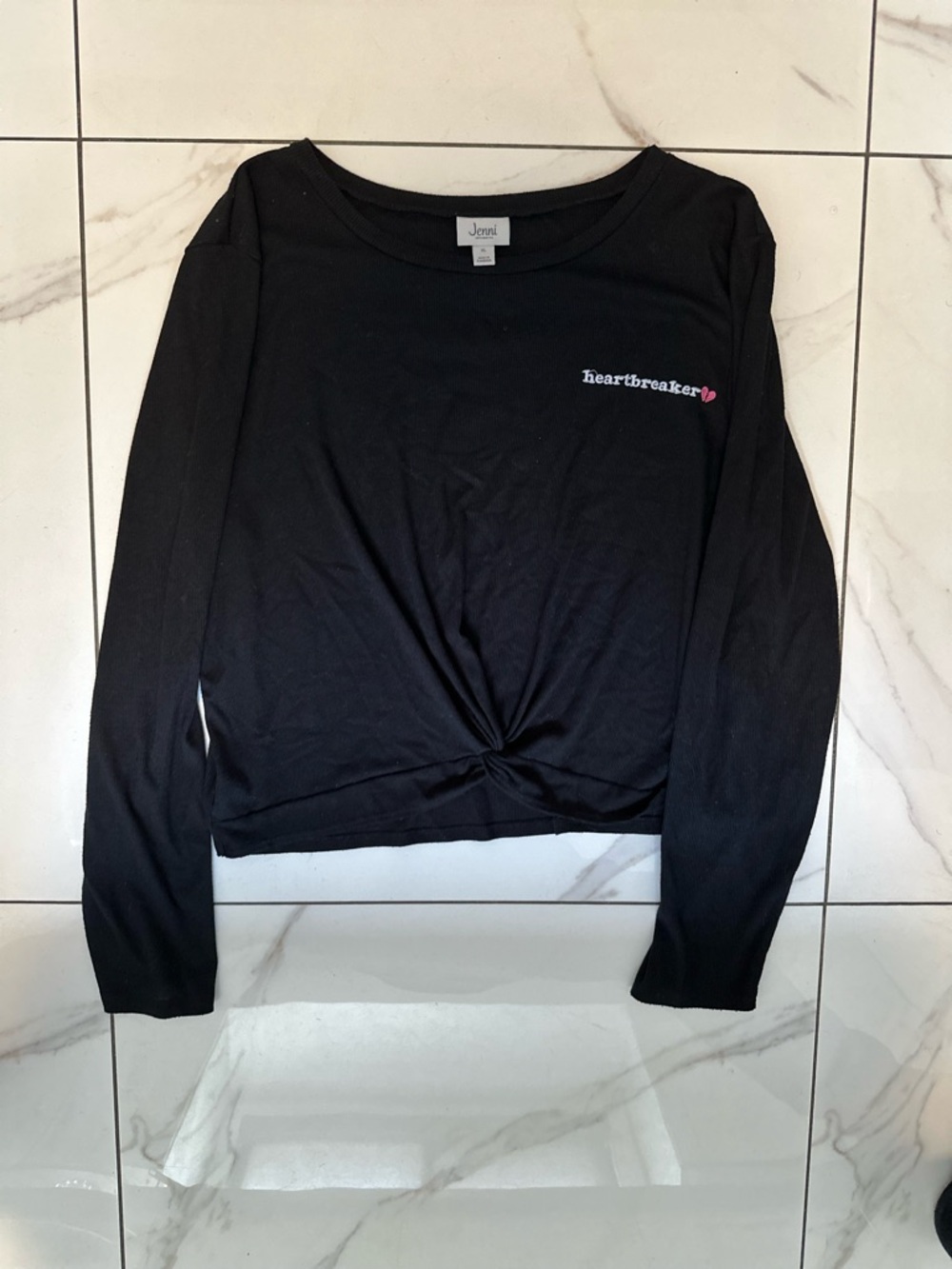 Jenni Black Crewneck Long Sleeve Top with Small White Embroidery Size XL